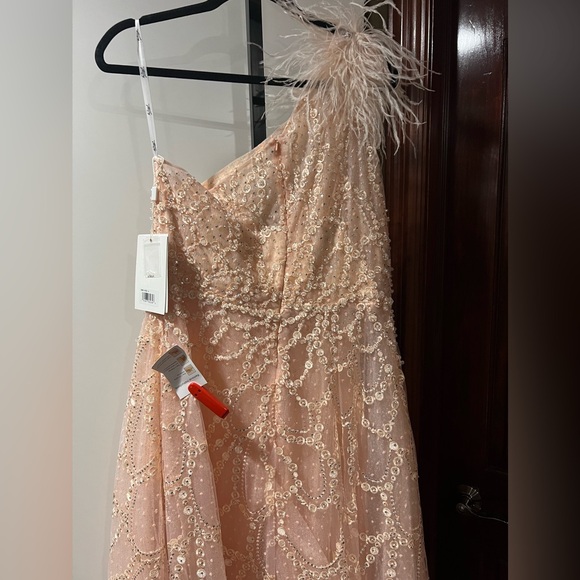 Feathered one shoulder A-line embroidered long gown - Picture 9 of 11